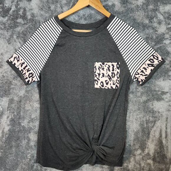 unbranded Tops - Women's Striped Leopard S/S Twisted Knot Crew Neck Gray T-Shirt Medium Summer